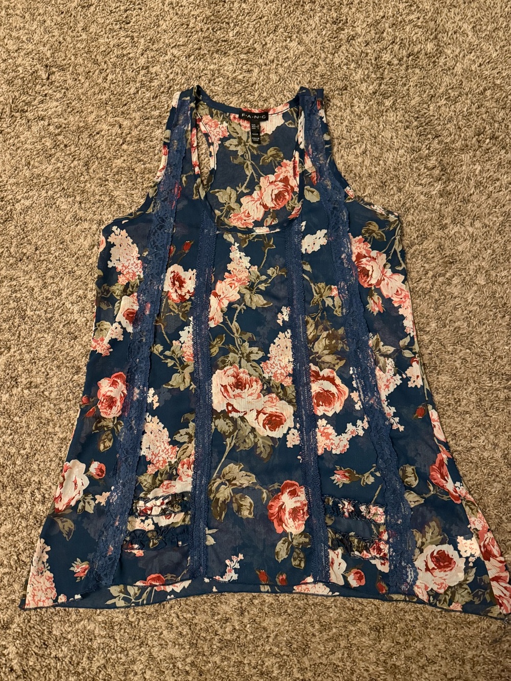 FANG Navy Floral Lace-Panel Tank Top